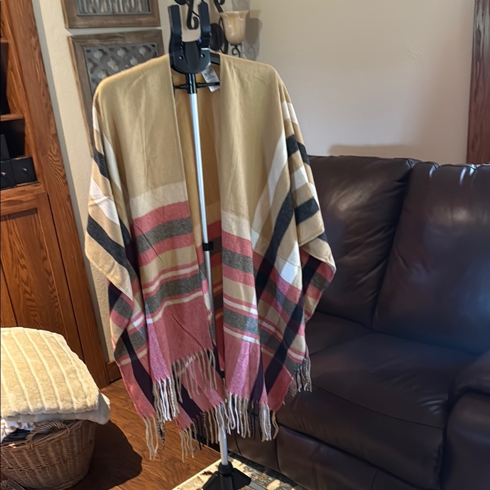 Woolrich Tan and Pink Poncho with Fringe